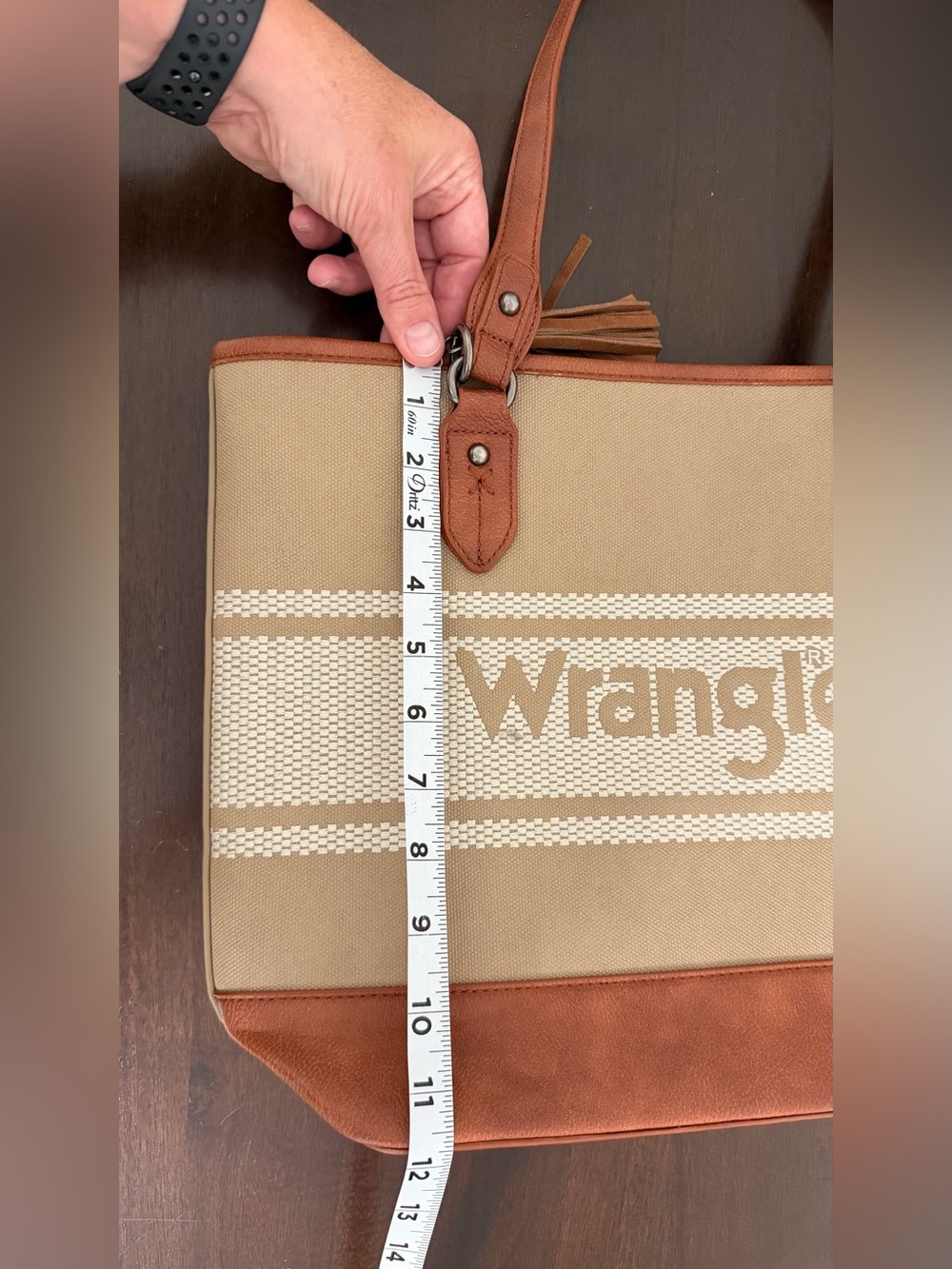 Wrangler Logo Waxed Canvas Tote Bag Khaki Brown Zip Top Shoulder Purse - Picture 4 of 5